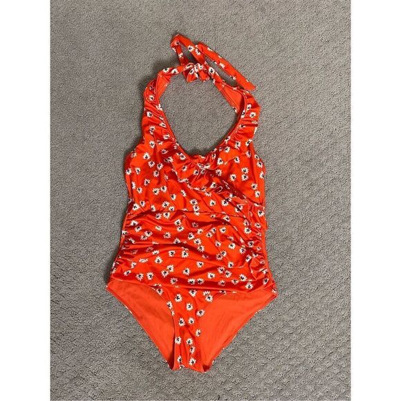 NEW COLUMBINE WRAP-EFFECT FLORAL-PRINT HALTERNECK SWIMSUIT IN TOMATO RED 38/M/6 - Picture 3 of 8